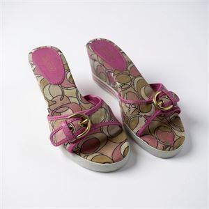 Coach Perry Vintage Y2K Pink/Beige Monogram Platform Wedge Sandals